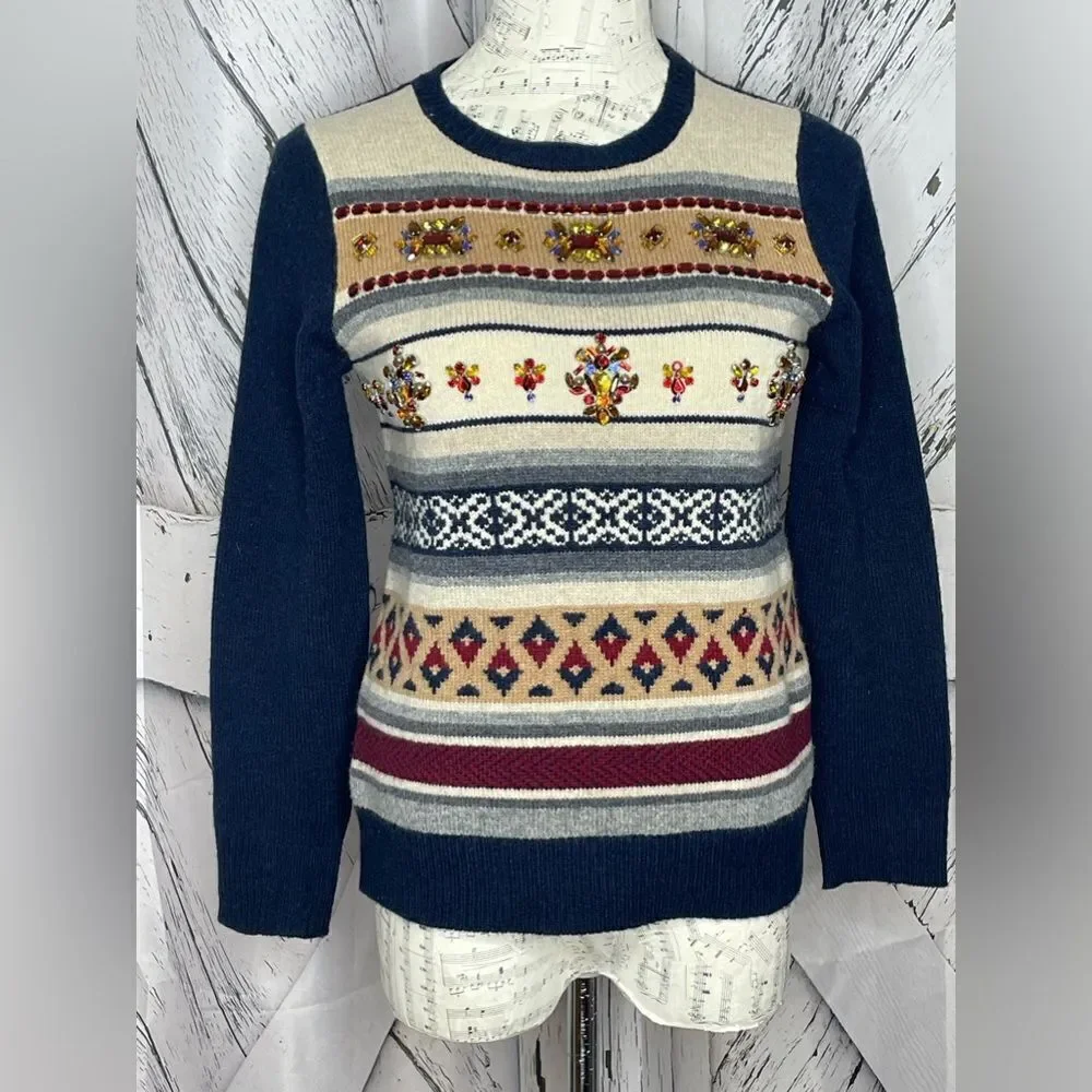 J.Crew Jeweled Fair Isle Stripe Wool Sweater S
